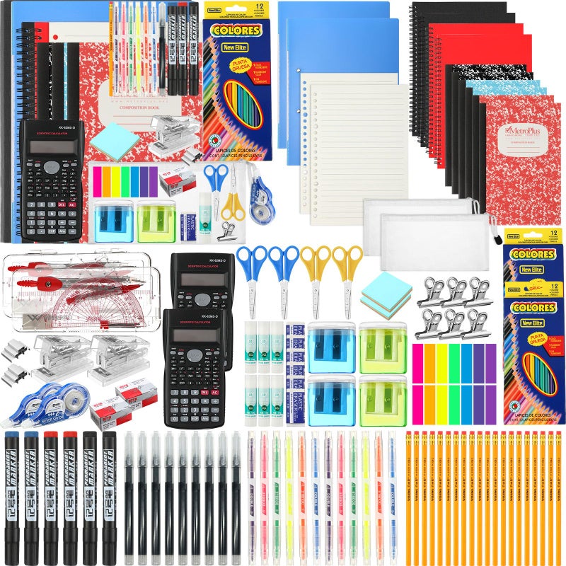 Gilprop 2 Sets Back to School Supplies Kit School Essentials Include Pencils Ballpoint Pens Notebooks Folders Sharpener Erasers Scissors Stapler Calculator Markers Highlighter for Middle High School - Image 1