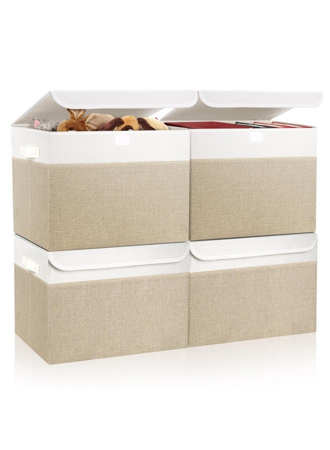 Bagnizer Bagnizer Large 22 Quart Linen Fabric Foldable Storage Bin Cube Organizer Basket with Flip-Top Lid & Handles, Clothes Blanket Box for Home, Office, Closet, Beige & White, 4 Pack 14.6 x 9.5 x 9.5” - Image 1