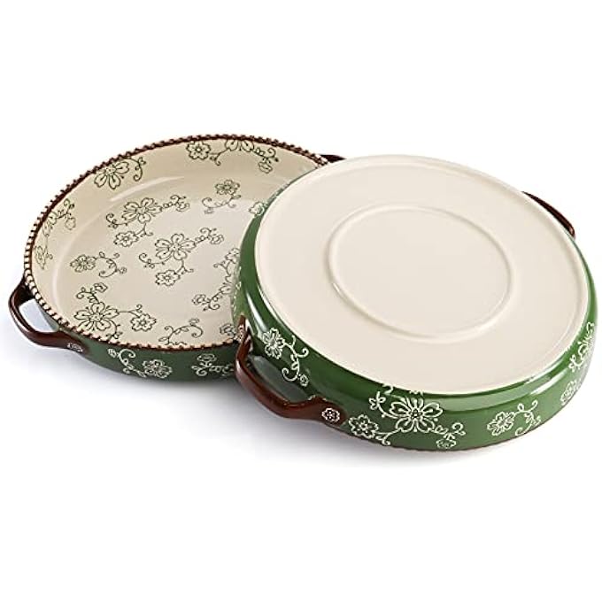 AVLA 2 Pack Ceramic Pie Pan 9 Inch Round Baking Dish With Double Handle 28 Ounce Deep Quiche Plate For Kitchen Cooking Roasting Lasagna Sakura Green - Image 4