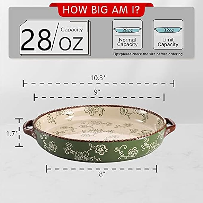 AVLA 2 Pack Ceramic Pie Pan 9 Inch Round Baking Dish With Double Handle 28 Ounce Deep Quiche Plate For Kitchen Cooking Roasting Lasagna Sakura Green - Image 2