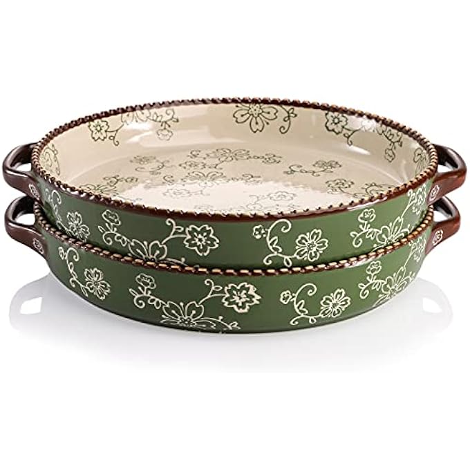 AVLA 2 Pack Ceramic Pie Pan 9 Inch Round Baking Dish With Double Handle 28 Ounce Deep Quiche Plate For Kitchen Cooking Roasting Lasagna Sakura Green - Image 1