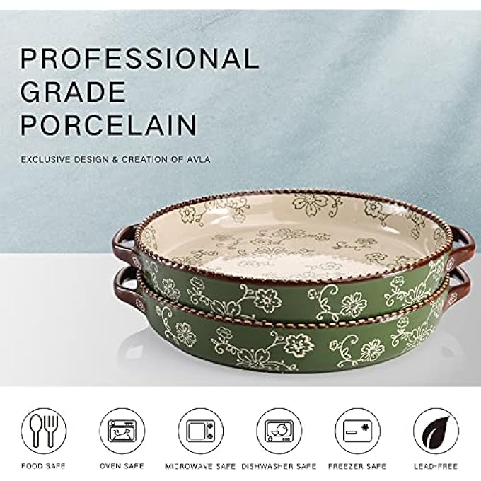 AVLA 2 Pack Ceramic Pie Pan 9 Inch Round Baking Dish With Double Handle 28 Ounce Deep Quiche Plate For Kitchen Cooking Roasting Lasagna Sakura Green - Image 3