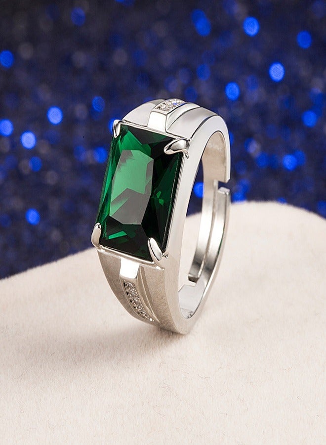 Diamond set zircon emerald men's ring European and American fashion aggressive open ring jewelry - Image 1