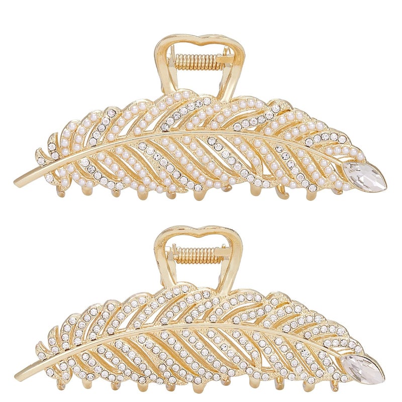 Rhinestone Hair Clips Pearl Leaf Shape Metal Hair Catch Barrette Jaw Clamp for Thin Thick Curly Hair Crystal NonSlip Hair Claws Strong Hold Hair Accessories for Women Bride Bridesmaid