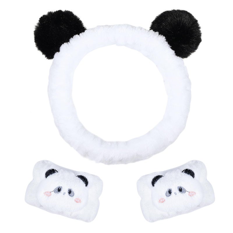 Miroksh Pom Pom Panda Ears Plush Wash Face Headband Spa Wrist Band Cuffs Hair Scrunchy Women Girls Facial Makeup Skincare Bath Head Wrap Kids Costume Party Supply Birthday Gift