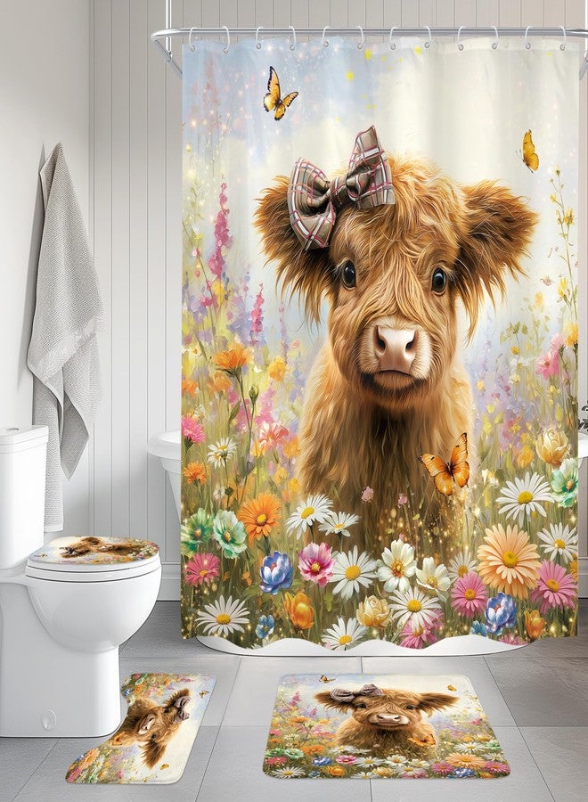 Cinbloo 4Pcs Funny Cow Shower Curtain Set, Cute Highland Cow Farmhouse Western Cattle Bull Animal Wildflower Bathroom Curtain with Rug, Toilet Lid Cover, Bath Mat, Rustic Shower Curtain with 12 Hooks - Image 2