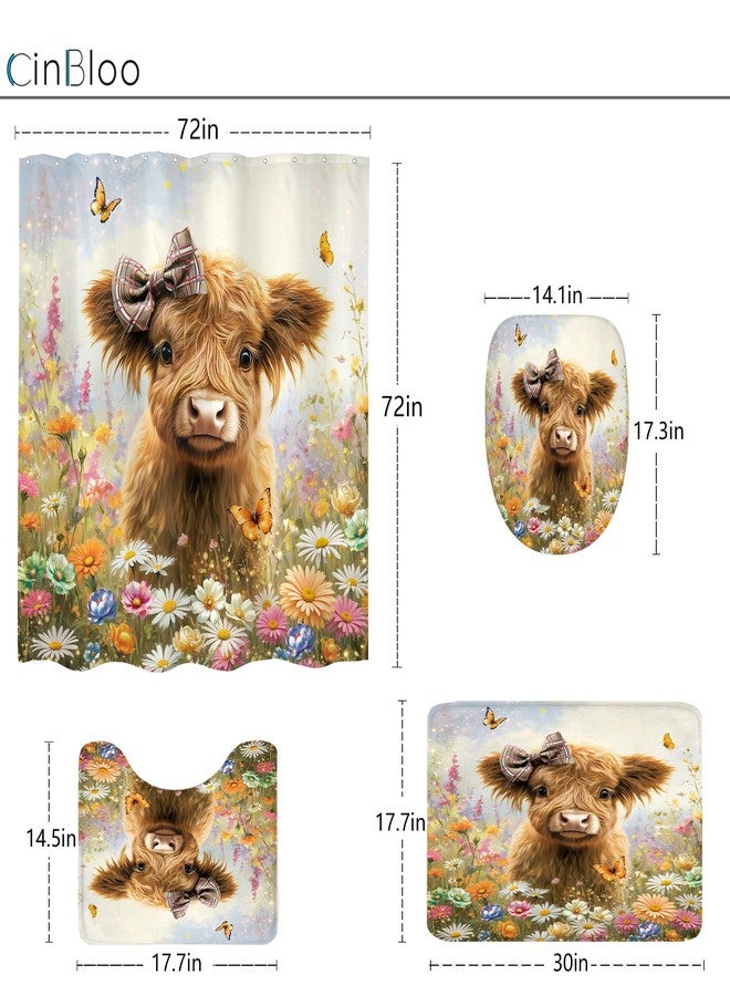 Cinbloo 4Pcs Funny Cow Shower Curtain Set, Cute Highland Cow Farmhouse Western Cattle Bull Animal Wildflower Bathroom Curtain with Rug, Toilet Lid Cover, Bath Mat, Rustic Shower Curtain with 12 Hooks - Image 5