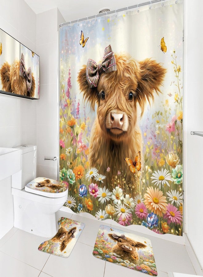 Cinbloo 4Pcs Funny Cow Shower Curtain Set, Cute Highland Cow Farmhouse Western Cattle Bull Animal Wildflower Bathroom Curtain with Rug, Toilet Lid Cover, Bath Mat, Rustic Shower Curtain with 12 Hooks - Image 3
