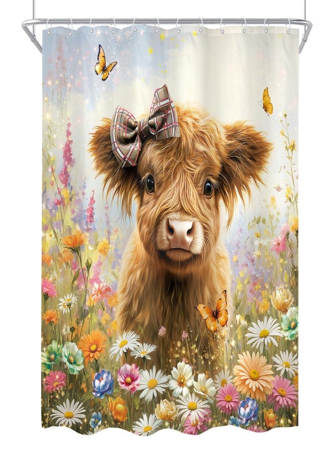Cinbloo 4Pcs Funny Cow Shower Curtain Set, Cute Highland Cow Farmhouse Western Cattle Bull Animal Wildflower Bathroom Curtain with Rug, Toilet Lid Cover, Bath Mat, Rustic Shower Curtain with 12 Hooks - Image 4