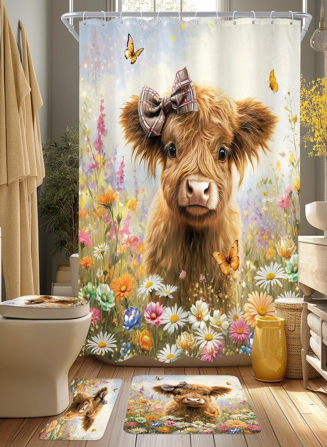 Cinbloo 4Pcs Funny Cow Shower Curtain Set, Cute Highland Cow Farmhouse Western Cattle Bull Animal Wildflower Bathroom Curtain with Rug, Toilet Lid Cover, Bath Mat, Rustic Shower Curtain with 12 Hooks - Image 1