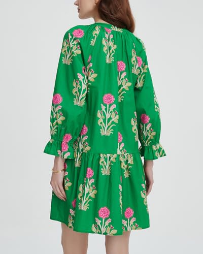 YEXPINE Women's Casual V Neck Boho Floral Mini Dress Puff Long Sleeve Ruffle Flowy Tunic Short Dress Green - Image 2
