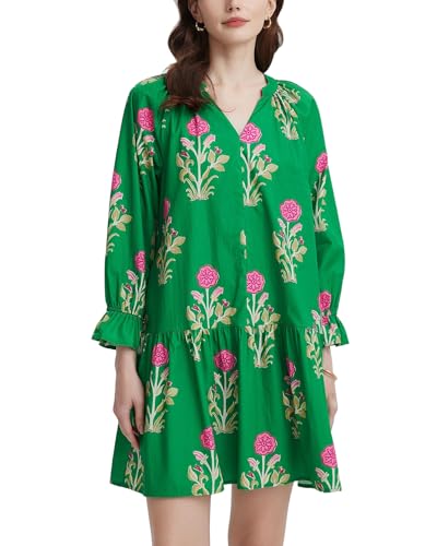 YEXPINE Women's Casual V Neck Boho Floral Mini Dress Puff Long Sleeve Ruffle Flowy Tunic Short Dress Green - Image 1
