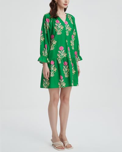 YEXPINE Women's Casual V Neck Boho Floral Mini Dress Puff Long Sleeve Ruffle Flowy Tunic Short Dress Green - Image 5