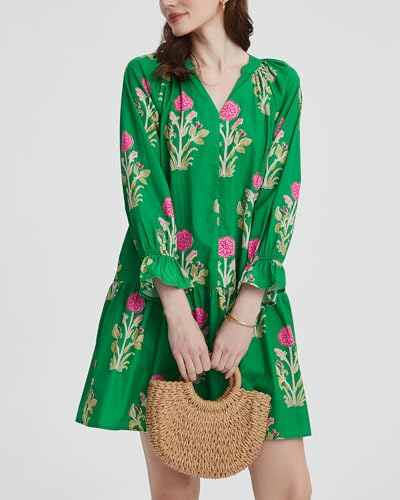 YEXPINE Women's Casual V Neck Boho Floral Mini Dress Puff Long Sleeve Ruffle Flowy Tunic Short Dress Green - Image 3