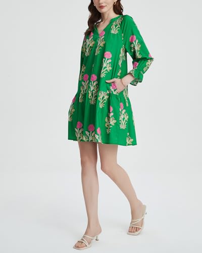 YEXPINE Women's Casual V Neck Boho Floral Mini Dress Puff Long Sleeve Ruffle Flowy Tunic Short Dress Green - Image 4