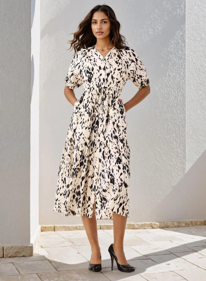 Splash FAV Printed Tiered Lace Insert Cotton Dress with Pockets