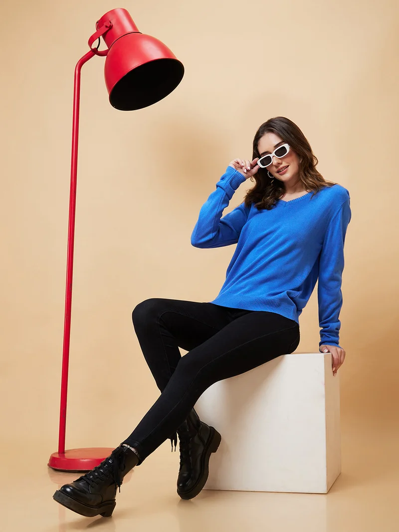 جلو باص Women V-Neck Acrylic Sweater