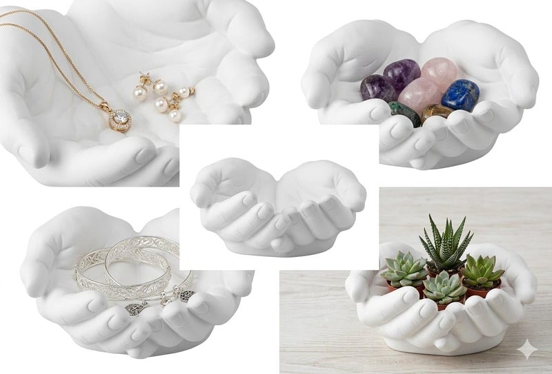 Interlocking Hands Shaped Decorative Bowl, White, Resin, Jewelry, Gemstones and Accessories - Image 3