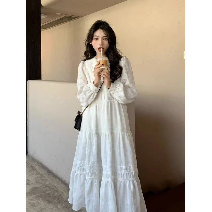 Gentle lazy style doll collar long sleeve dress Womens Spring and Autumn New French elegant white sweet fairy dress White