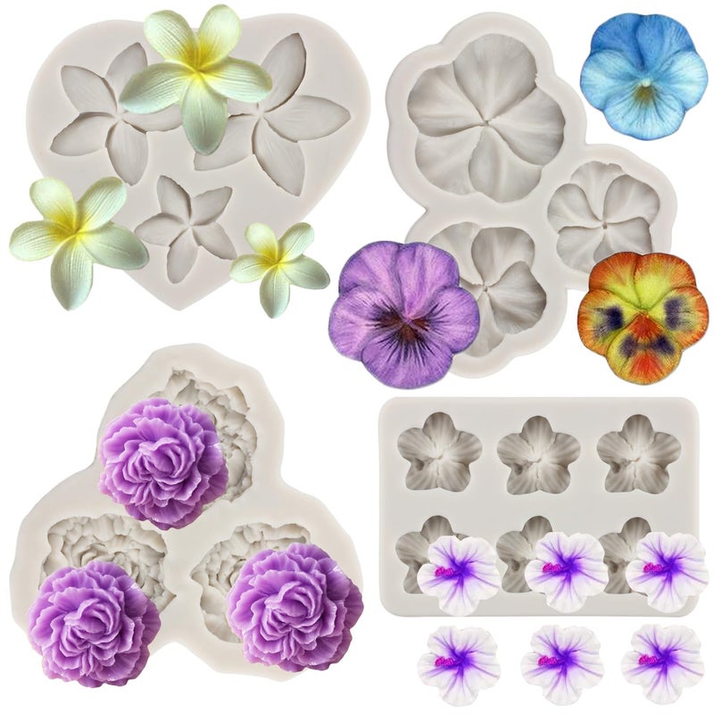 Sijiangmold Frangipani Plumeria Flower Silicone Mold Peony Flower Fondant Molds Pansy Flower Mold For Cupcake Topper Cake Decorating Chocolate Candy Polymer Clay Gum Paste Set Of 4 - Image 1