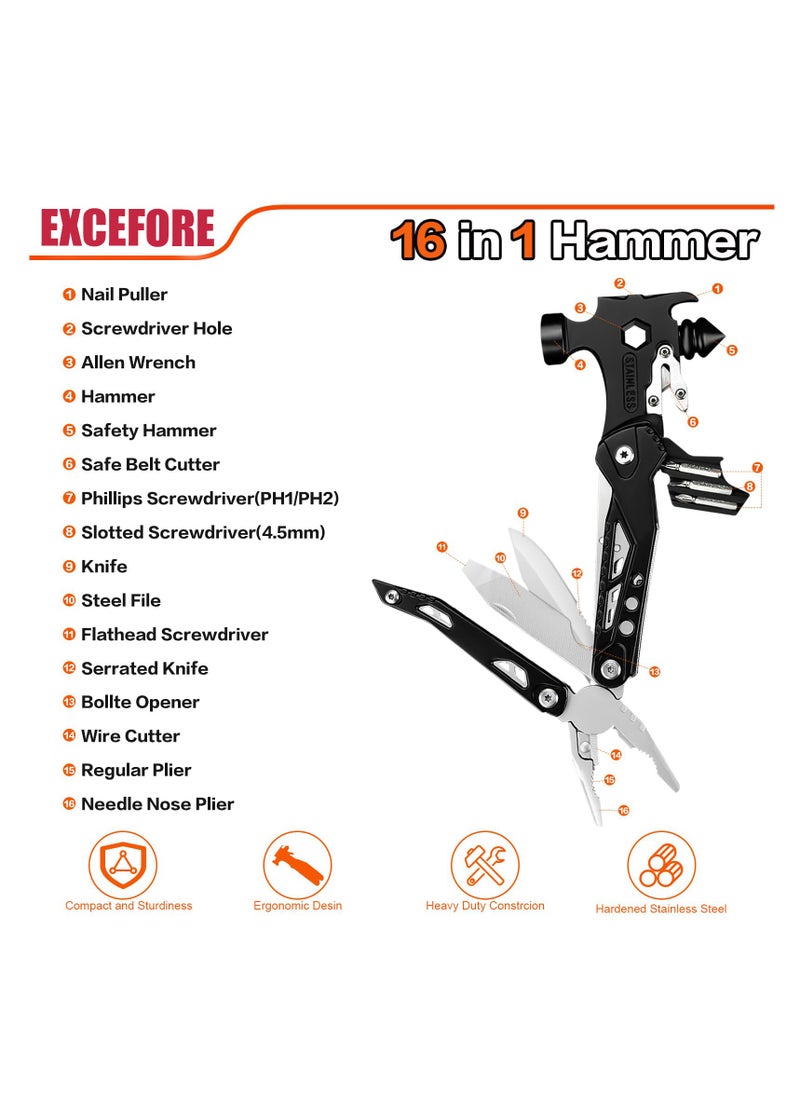 Excefore - 16 في 1 أدوات متعددة المطرقة، مطرقة أدوات متعددة، معدات البقاء في الهواء الطلق، كل في واحد مطرقة صغيرة مع مجموعة رؤوس مفك البراغي للاستخدام في الهواء الطلق، التخييم، والأعمال المنزلية - Image 1