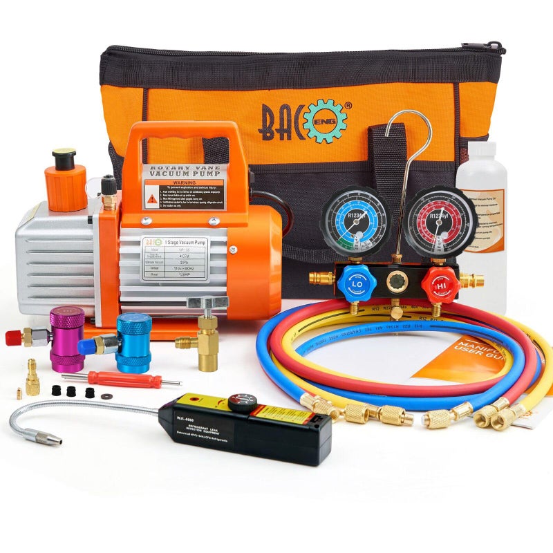 BACOENG R1234yf AC Vacuum Pump and Gauge Set 4 CFM HVAC Vacuum Pump with Leak Detector for R1234yf Refrigerant with Can Tap and Quick Couplers