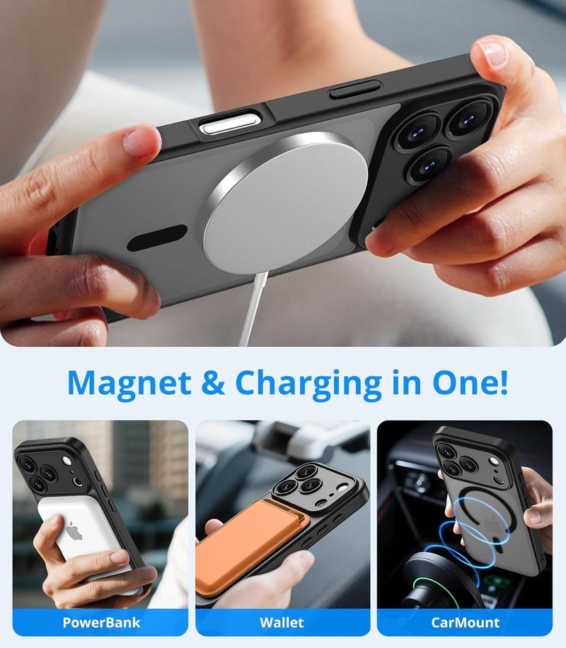 حافظة مغناطيسية لـ iPhone 17 Pro Max مع زجاج واقي واحد، متوافقة مع Magsafe، حماية من السقوط وفق المعايير العسكرية، ظهر غير لامع شفاف، حافظة هاتف مقاومة للصدمات، أسود - Image 3