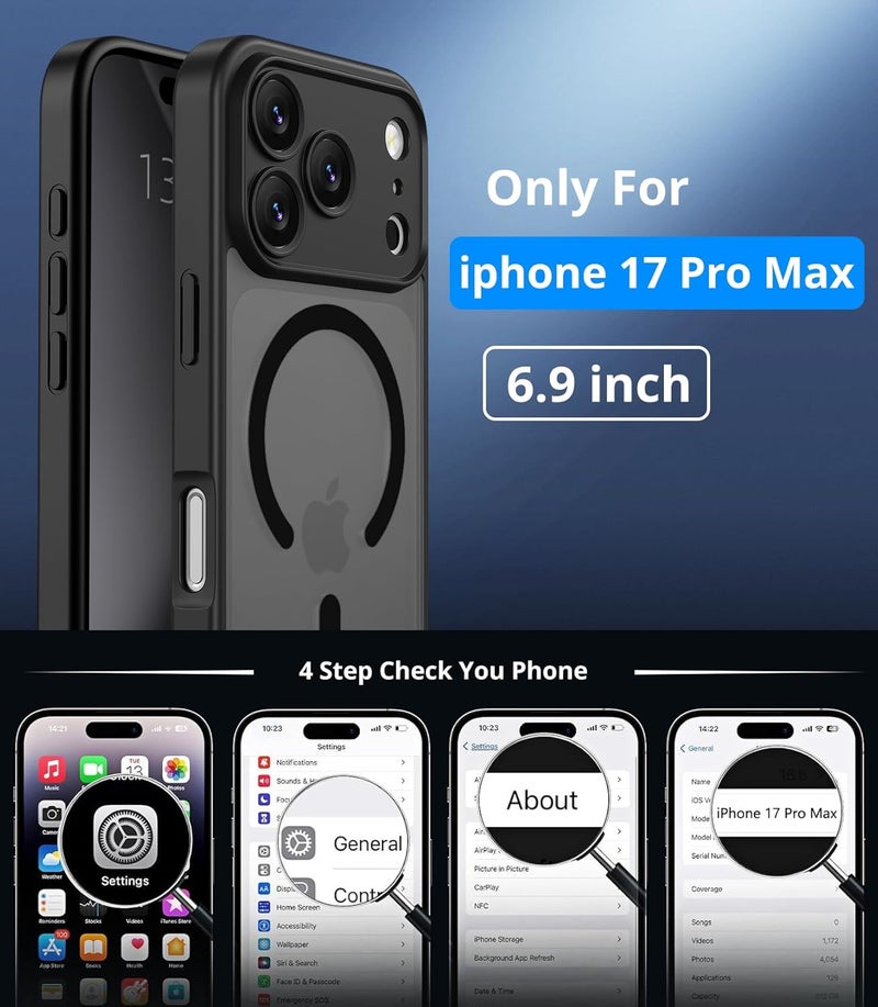 حافظة مغناطيسية لـ iPhone 17 Pro Max مع زجاج واقي واحد، متوافقة مع Magsafe، حماية من السقوط وفق المعايير العسكرية، ظهر غير لامع شفاف، حافظة هاتف مقاومة للصدمات، أسود - Image 4