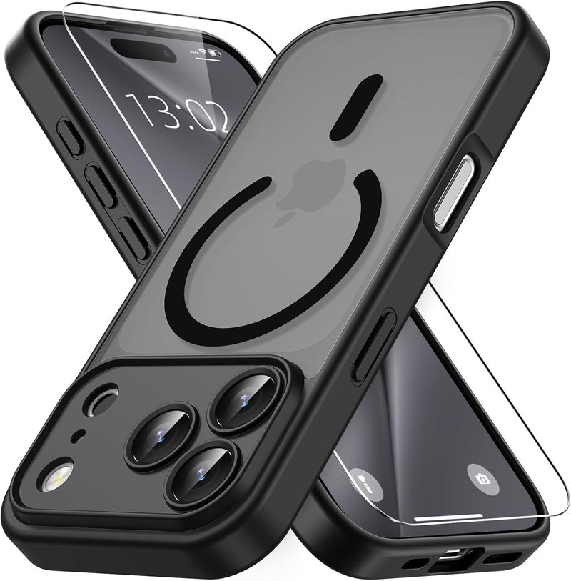 حافظة مغناطيسية لـ iPhone 17 Pro Max مع زجاج واقي واحد، متوافقة مع Magsafe، حماية من السقوط وفق المعايير العسكرية، ظهر غير لامع شفاف، حافظة هاتف مقاومة للصدمات، أسود - Image 1