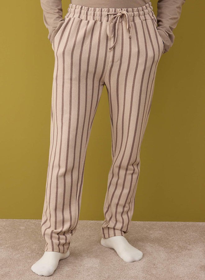 trendyol Beige Regular Fit Striped Textured Knitted Pajamas Set - Image 3