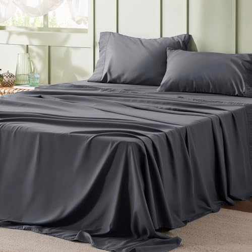 Bedsure Bedsure California King Sheets Grey  Soft Sheets for California King Size Bed 4 Pieces Hotel Luxury California King Sheet Sets Easy Care Polyester Microfiber Cooling Bed Sheet Set 
