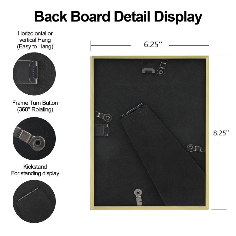 BKABOT 6x8 Picture Frame, Brass Aluminum Metal Photo Frames with HD Glass, Fits 5x7 with Mat or 6 x 8 without Mat, Display for Wall and Table - Image 3