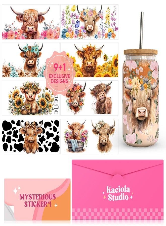 Kaciola UV DTF Cup Wraps for 16 oz - 9 Sheets Highland Cow Theme, 1 Mysterious Pattern UV DTF Transfer, Rub on Transfers for Glass, Plastic, Tumblers - Image 1
