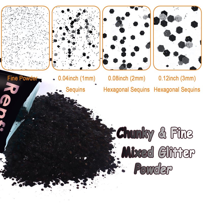 Renfio Black Chunky Glitter, 3.5 Oz (100g) Mixed Fine Powder PET Flake Iridescent Sequins Face Glitters for Halloween, Craft Resin, Tumbler Ornament Painting, Hair Body, Wedding Decor - Black - Image 4