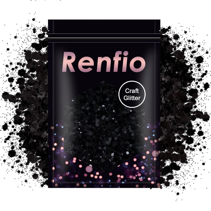 Renfio Black Chunky Glitter, 3.5 Oz (100g) Mixed Fine Powder PET Flake Iridescent Sequins Face Glitters for Halloween, Craft Resin, Tumbler Ornament Painting, Hair Body, Wedding Decor - Black - Image 1