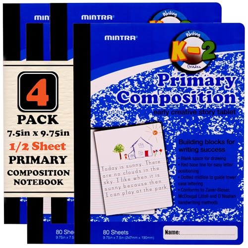 Mintra Office Mintra Primary Composition Notebook, 4 Pack, Blue Cover, 80 Sheets, 7.5in x 9.75in, 1/2 Sheet, Ruled with Drawing Area, Flexible Hardcover Journal , Grades K-2, School & Home Use - Image 1