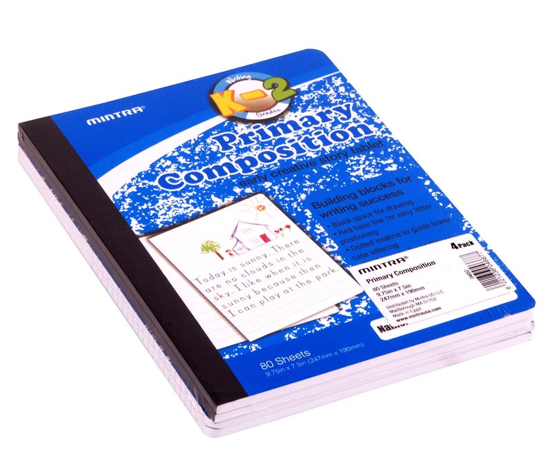 Mintra Office Mintra Primary Composition Notebook, 4 Pack, Blue Cover, 80 Sheets, 7.5in x 9.75in, 1/2 Sheet, Ruled with Drawing Area, Flexible Hardcover Journal , Grades K-2, School & Home Use - Image 4