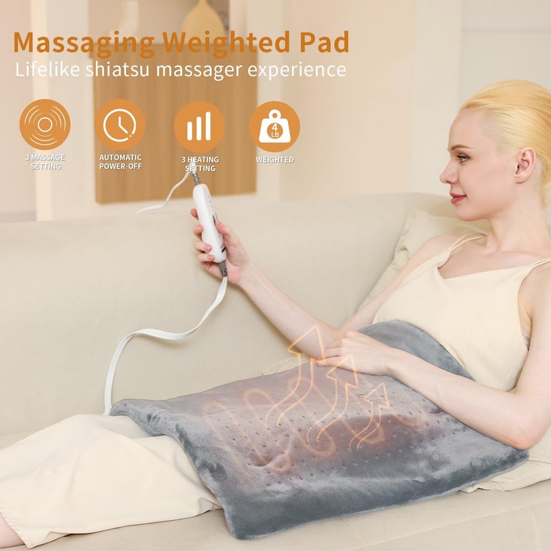 Myiosus Massaging Weighted Heating Pad for Back Pain Relief,Heating Pads for Neck, Shoulder,Cramp,Portable Heated Pad with 3 Heat Settings & 6 Massage,18 Relaxing Combinations,Auto Off,20"*24",Light Grey - Image 4