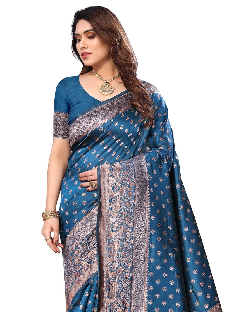 Sidhidata Women's Banarasi Jacquard Silk Saree with Unstitched Blouse Piece - Elegant Festival Wear - Image 2
