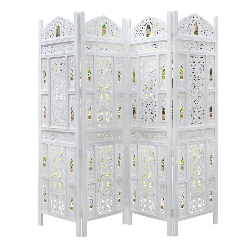 Cotton Craft Room Divider Wood Screen  Ghanti Bells Antique White  4 Panel Folding 72 x 80  Assembled Hand Carved Decorative Functional Versatile Portable Partition Reversible Privacy Boho  COTTON CRAFT