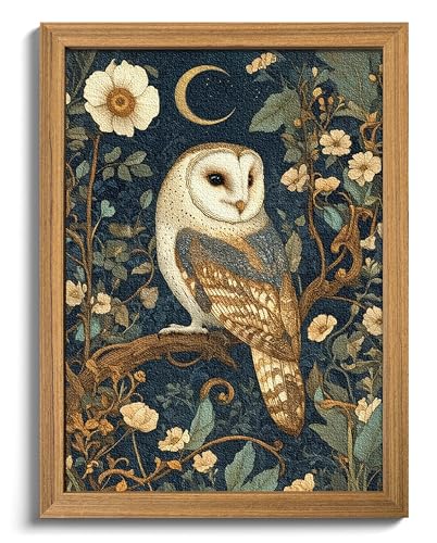 AKWISH Framed William Morris Wall Art 3D Textured Cottagecore Vintage Barn Owl Wall Decor Hand Drawn Sandstone Botanical Art Dark Academia Flowers Artwork for Bedroom Farmhouse Home Decor 12x16 inch - Image 1