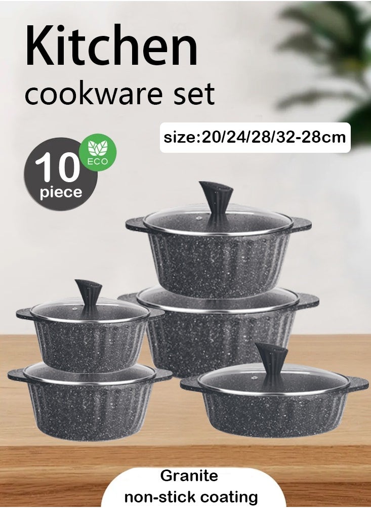 X spring 10-Piece Kitchen Cookware set, Casserole Set And Frying Pan With Non Stick Cookware sets ,Finish Glass lid PFOA-Free  20-24-28-32 cm (Deep Stockpot) + 28 cm (deep Frying Pan)（Black）  - Image 1