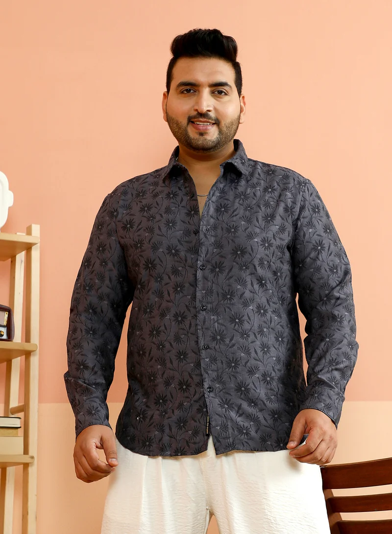 Instafab Plus Instafab Plus Men's Charcoal Grey Floret-Jacquard Shirt For Casual Wear | Spread Collar | Long Cuffed Sleeves | Button Closure | Plus Size Shirt Crafted With Comfort Fit For Everyday Wear
