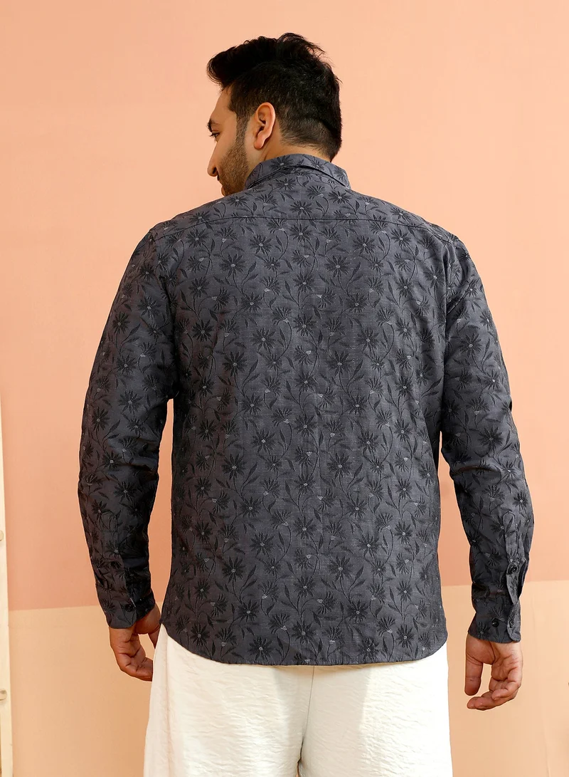 Instafab Plus  Instafab Plus Men's Charcoal Grey Floret-Jacquard Shirt For Casual Wear | Spread Collar | Long Cuffed Sleeves | Button Closure | Plus Size Shirt Crafted With Comfort Fit For Everyday Wear for Men | Best Price UAE