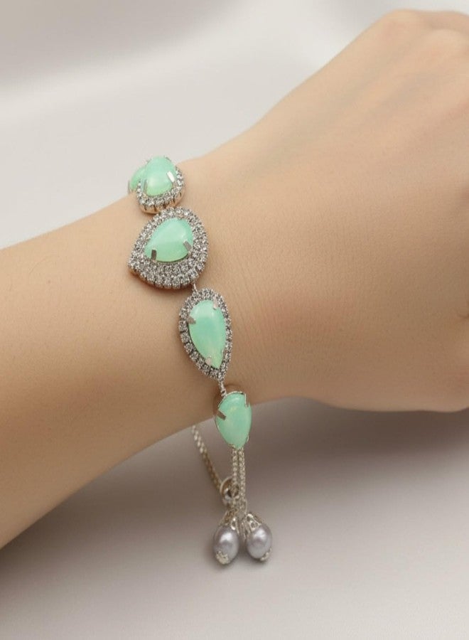 ACCESSHER Women's & Girls Silver-Tone Mint Green Teardrop Crystal Adjustable Bracelet Stylish Charm Chain Bracelet, Aesthetic Hand Accessories Jewellery Valentine’s Gift - Image 5