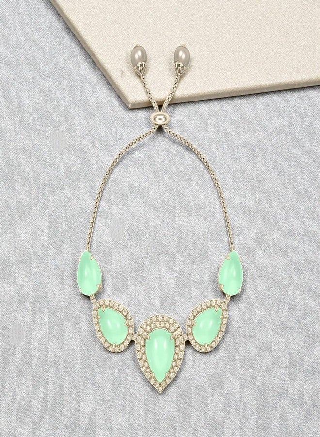 ACCESSHER Women's & Girls Silver-Tone Mint Green Teardrop Crystal Adjustable Bracelet Stylish Charm Chain Bracelet, Aesthetic Hand Accessories Jewellery Valentine’s Gift - Image 3