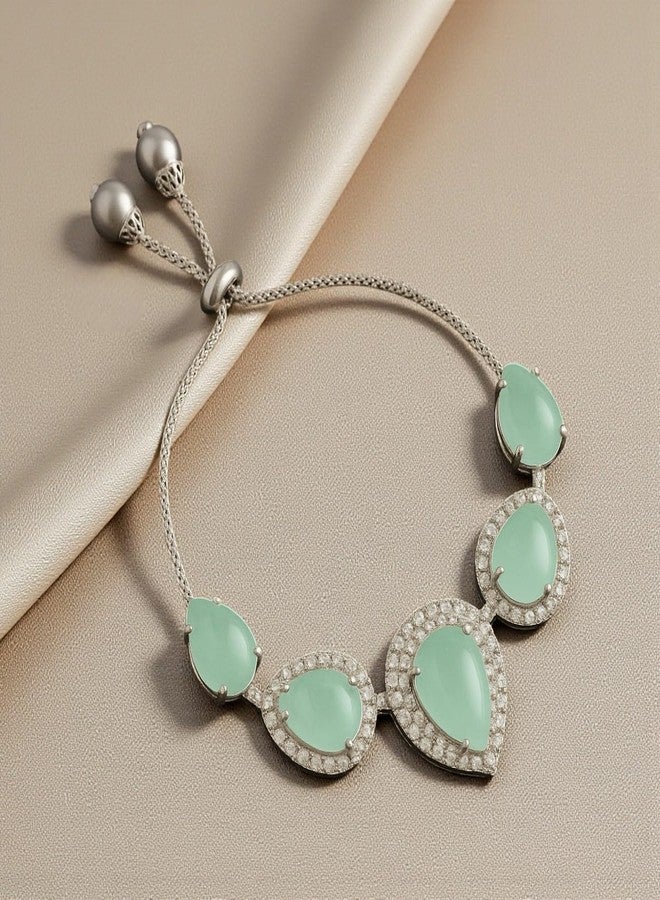 ACCESSHER Women's & Girls Silver-Tone Mint Green Teardrop Crystal Adjustable Bracelet Stylish Charm Chain Bracelet, Aesthetic Hand Accessories Jewellery Valentine’s Gift - Image 4