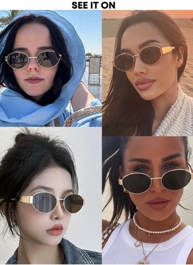 تصميم زينس - نظارة شمسية نسائية بيضاوية عصرية بتصميم ريترو بإطار ذهبي، مع حماية من الأشعة فوق البنفسجية 400 - Image 1