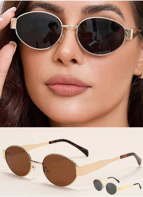 Trendy Retro Oval Women's Sunglasses with Gold Frame, UV400 Protection