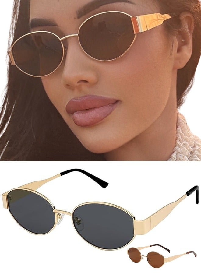 Zence Design Trendy Retro Oval Women's Sunglasses with Gold Frame, UV400 Protection - Image 1